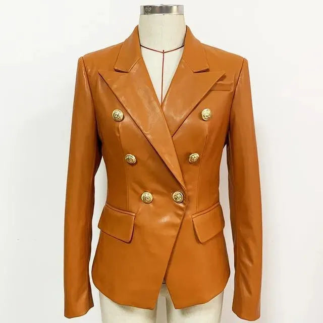 Orange Leather Blazer Women - Formal-Business - Plain-Solid - Leather Blazer - LeStyleParfait