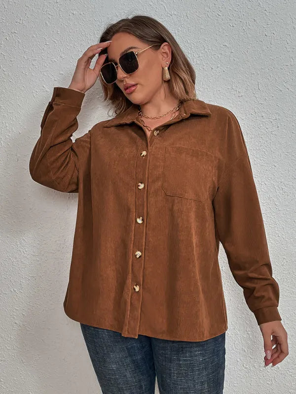 Oversized Dark Brown Corduroy Shirt-Women's Shirts-LeStyleParfait