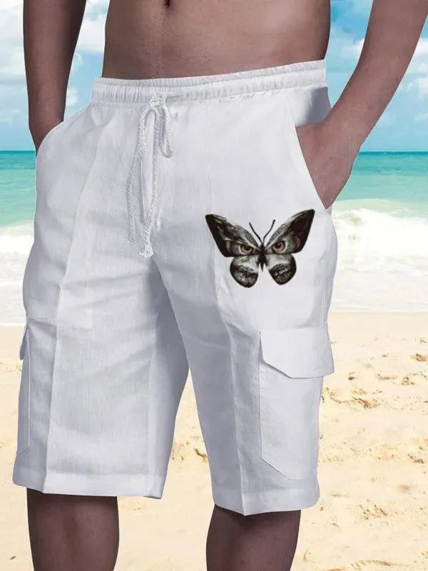 Men Linen Cargo Shorts Cat Print - Shorts - LeStyleParfait