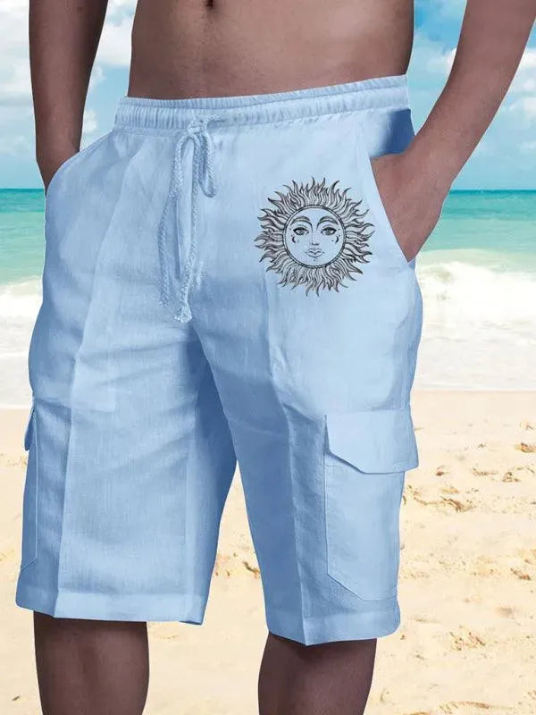 Men Linen Cargo Shorts Cat Print - Shorts - LeStyleParfait