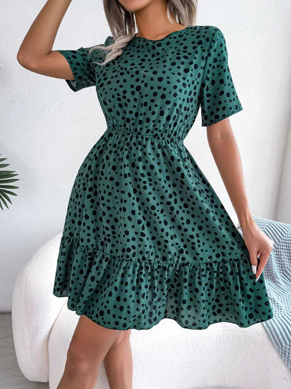 A-line,a-line dress,casual,casual dress,cotton,cotton dress,fit & flare dress,flared,flowy,flowy dress,Flowy fit,ladies Ruffled waist,Lightweight,mini,mini hem dress,playful dress,polka dot,polka dot dress,Quick drying mini dress,round,round neckline dress,ruffled,ruffles,short sleeve,short sleeve dress,slip-on,slip-on dress,summer,summer dress,Wrinkle-resistant-LeStyleParfait