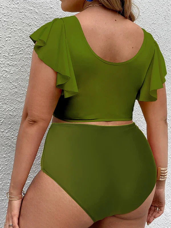 Plus Size Women-Falbala V-Neck Bikini Set fashion image