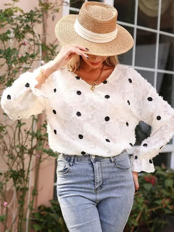 Polka Dot V Neck Women Top - - LeStyleParfait
