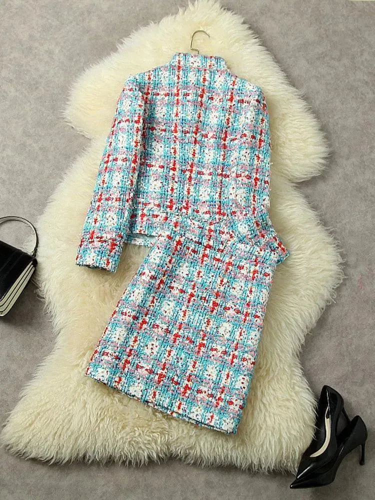 Beaded Plaid Tweed Woolen Skirt Suit - Skirt Suit - LeStyleParfait