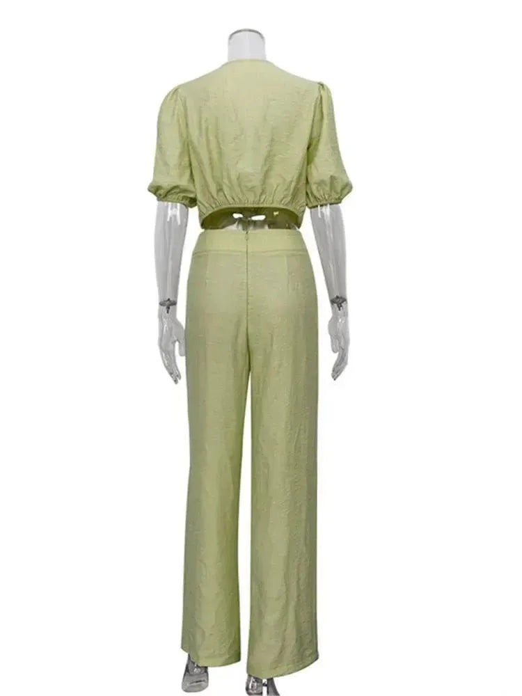 Relaxed Green Linen Two-Piece Set - Linen Two-Piece Set - LeStyleParfait