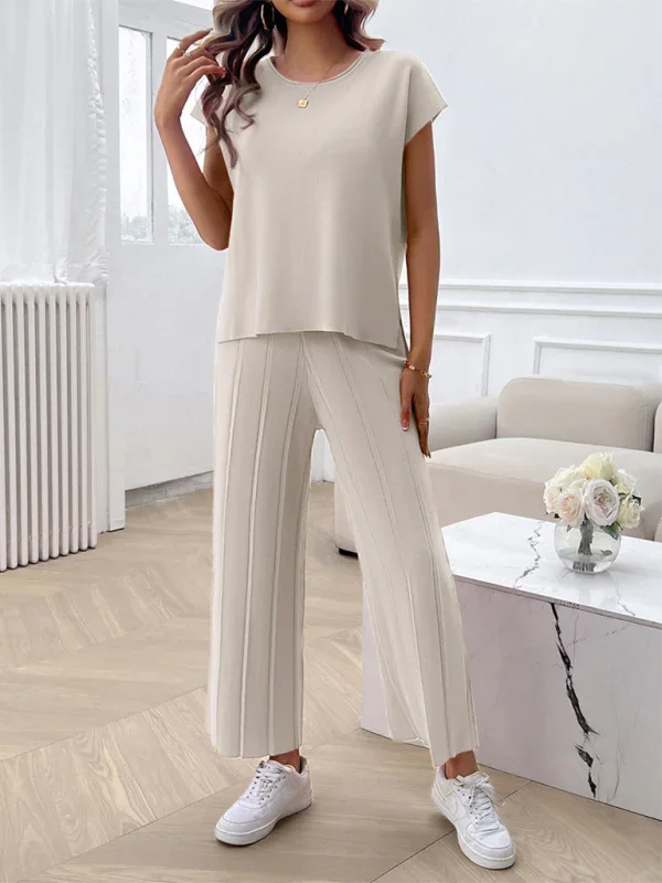 Relaxed Women Casual Beige Two-Piece Set - Casual Two-Piece Set - LeStyleParfait