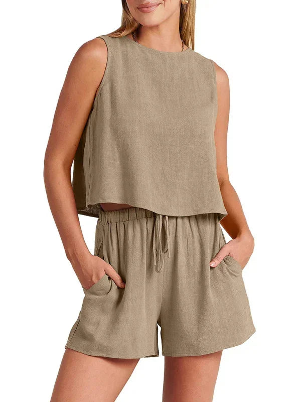 Relaxed Women Casual Linen Two-Piece Set Crewneck Sleeveless Fit Summer Lounge Style | LeStyleParfait