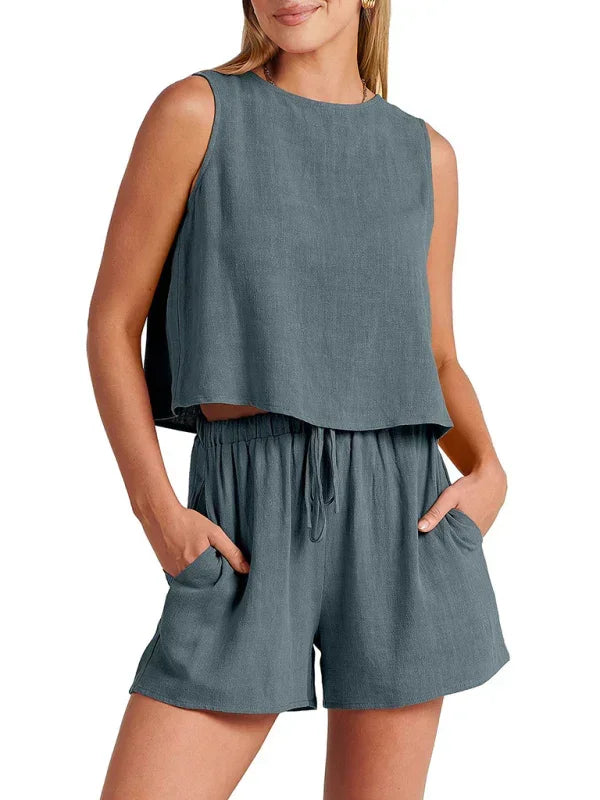 Relaxed Women Casual Linen Two-Piece Set Crewneck Sleeveless Fit Summer Lounge Style | LeStyleParfait