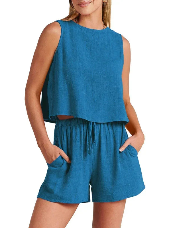 Relaxed Women Casual Linen Two-Piece Set Crewneck Sleeveless Fit Summer Lounge Style | LeStyleParfait