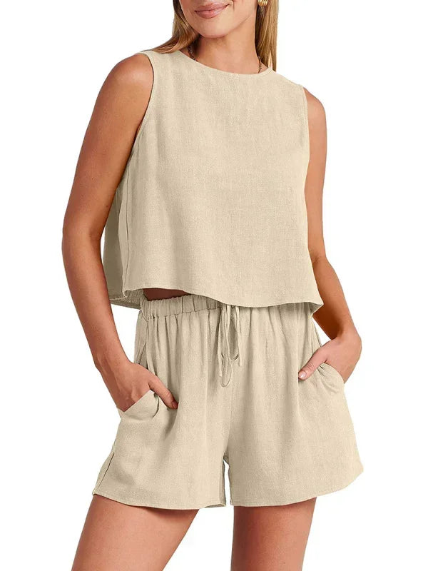 Relaxed Women Casual Linen Two-Piece Set Crewneck Sleeveless Fit Summer Lounge Style | LeStyleParfait