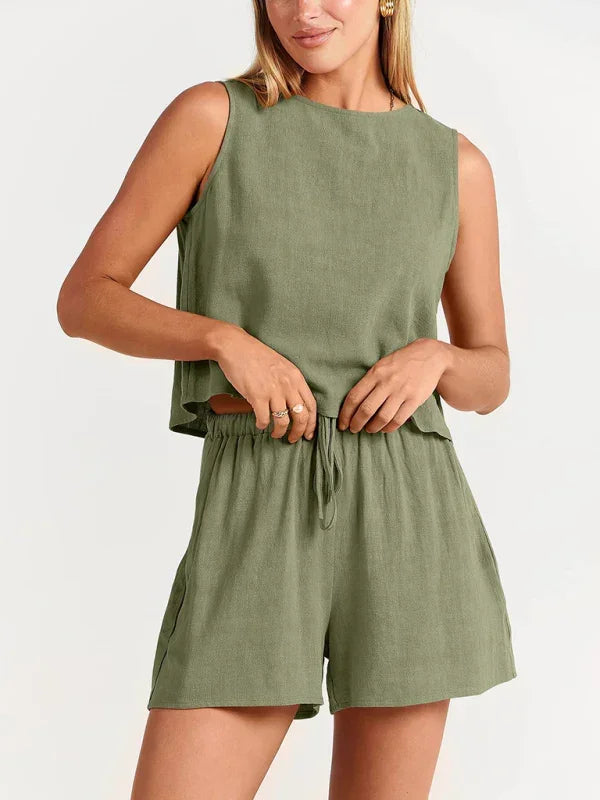 Relaxed Women Casual Linen Two-Piece Set Crewneck Sleeveless Fit Summer Lounge Style | LeStyleParfait