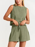 Relaxed Women Casual Linen Two-Piece Set Crewneck Sleeveless Fit Summer Lounge Style | LeStyleParfait