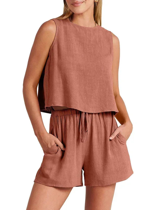 Relaxed Women Casual Linen Two-Piece Shorts Set - Casual Shorts Set - LeStyleParfait