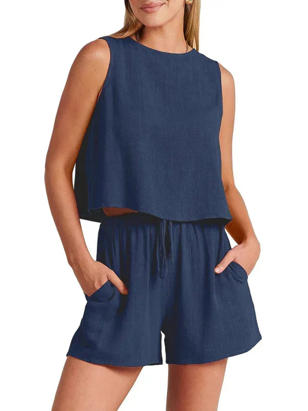 Relaxed Women Casual Linen Two-Piece Shorts Set - Casual Shorts Set - LeStyleParfait