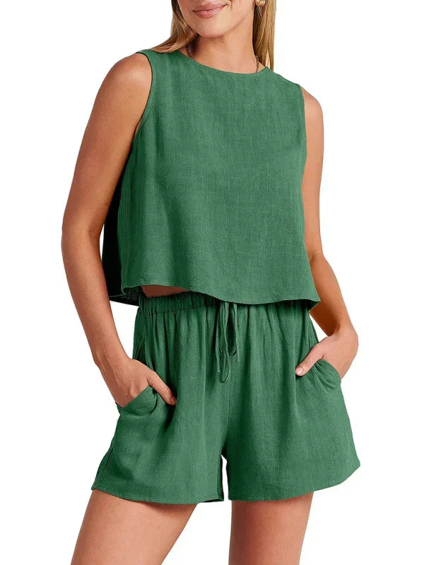 Relaxed Women Casual Linen Two-Piece Shorts Set - Casual Shorts Set - LeStyleParfait
