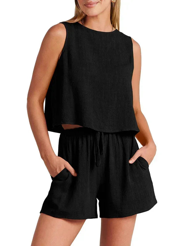 Relaxed Women Casual Linen Two-Piece Shorts Set - Casual Shorts Set - LeStyleParfait