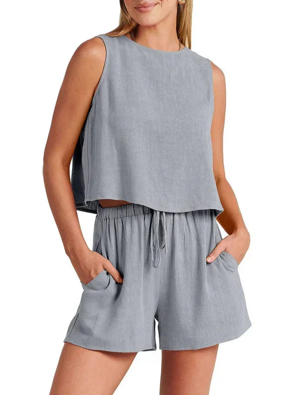 Relaxed Women Casual Linen Two-Piece Shorts Set - Casual Shorts Set - LeStyleParfait