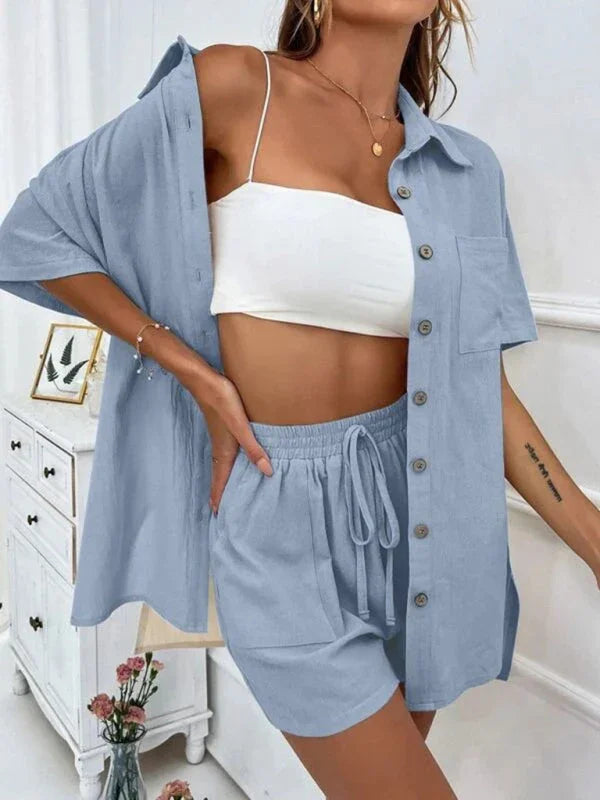 Relaxed Women Casual Two-Piece Linen Short Set - Linen Short Set - LeStyleParfait