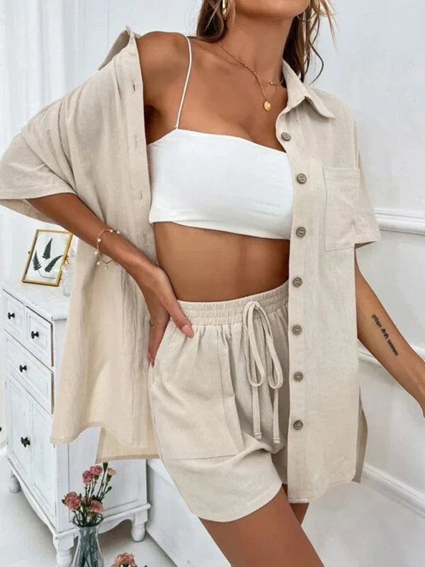 Relaxed Women Casual Two-Piece Linen Short Set - Linen Short Set - LeStyleParfait