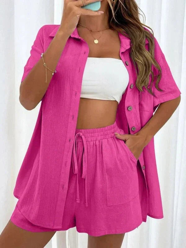 Relaxed Women Casual Two-Piece Linen Short Set - Linen Short Set - LeStyleParfait fashion image