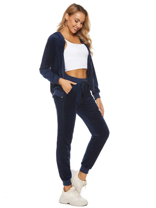Relaxed Women Casual Velvet Two-Piece Set - Casual Jogger Set - LeStyleParfait
