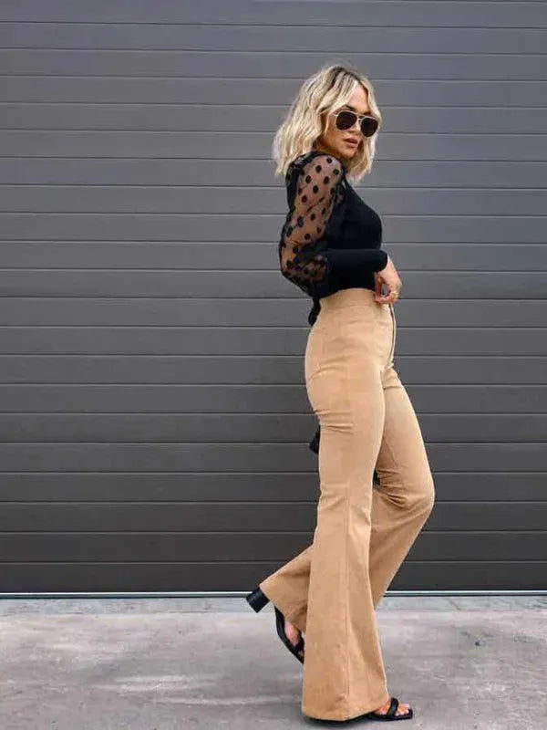 Wide Leg Flared Corduroy Women Pants - Women Pants - LeStyleParfait