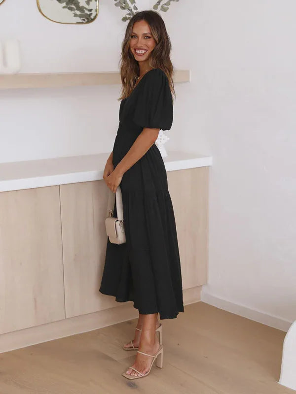 A-line,a-line dress,casual,casual dress,cotton,cotton dress,flowy,flowy dress,flowy hem dress,ladies Wrinkle resistant,maxi,maxi dress,puff sleeve,puff sleeves dress,Quick drying maxi dress,slip-on,slip-on dress,solid,solid dress,straight,summer,summer dress,V-neck,v-neck dress-LeStyleParfait