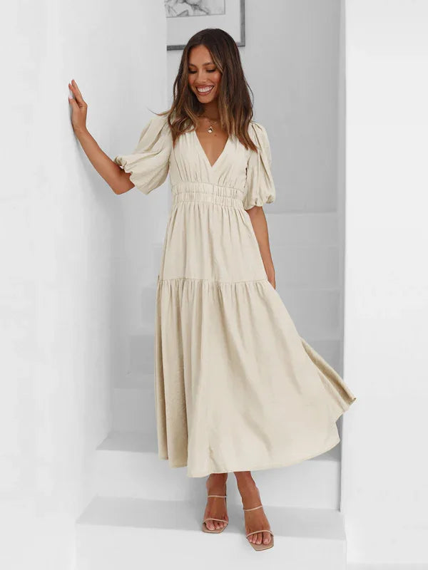 A-line,a-line dress,casual,casual dress,cotton,cotton dress,flowy,flowy dress,flowy hem dress,ladies Wrinkle resistant,maxi,maxi dress,puff sleeve,puff sleeves dress,Quick drying maxi dress,slip-on,slip-on dress,solid,solid dress,straight,summer,summer dress,V-neck,v-neck dress-LeStyleParfait