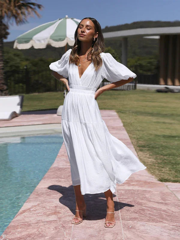 A-line,a-line dress,casual,casual dress,cotton,cotton dress,flowy,flowy dress,flowy hem dress,ladies Wrinkle resistant,maxi,maxi dress,puff sleeve,puff sleeves dress,Quick drying maxi dress,slip-on,slip-on dress,solid,solid dress,straight,summer,summer dress,V-neck,v-neck dress-LeStyleParfait