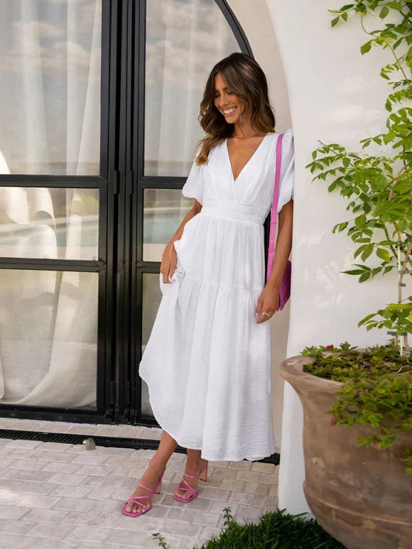 A-line,a-line dress,casual,casual dress,cotton,cotton dress,flowy,flowy dress,flowy hem dress,ladies Wrinkle resistant,maxi,maxi dress,puff sleeve,puff sleeves dress,Quick drying maxi dress,slip-on,slip-on dress,solid,solid dress,straight,summer,summer dress,V-neck,v-neck dress-LeStyleParfait