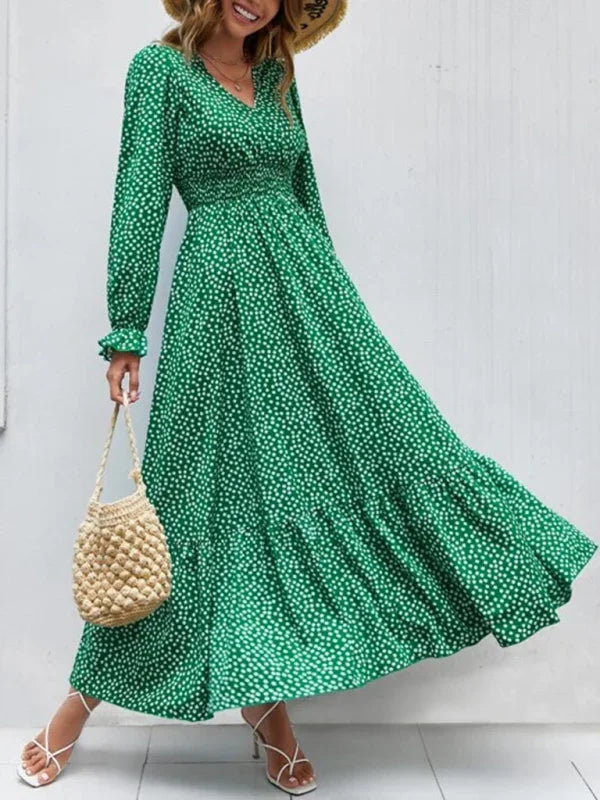 A-line,A-line dress,casual,casual dress,chiffon,chiffon dress,flared,flared dress,floor-grazing dress,flowy,flowy dress,ladies Wrinkle resistant,long sleeve,long sleeves dress,maxi,maxi dress,polka dot,polka dot dress,polka dot maxi dress,Quick drying maxi dress,ruffles,slip-on,slip-on dress,spring,spring dress,straight,V-neck,V-neck dress-LeStyleParfait