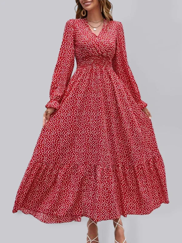 A-line,A-line dress,casual,casual dress,chiffon,chiffon dress,flared,flared dress,floor-grazing dress,flowy,flowy dress,ladies Wrinkle resistant,long sleeve,long sleeves dress,maxi,maxi dress,polka dot,polka dot dress,polka dot maxi dress,Quick drying maxi dress,ruffles,slip-on,slip-on dress,spring,spring dress,straight,V-neck,V-neck dress-LeStyleParfait