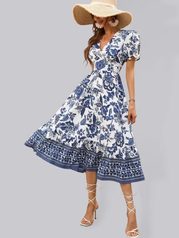 A-line,a-line dress,casual,casual dress,cotton,cotton dress,floral,floral dress,flowy,flowy dress,ladies Wrinkle resistant,maxi,maxi dress,puff sleeve,puff sleeves dress,Quick drying maxi dress,relaxed dress,slip-on,slip-on dress,straight,summer,summer dress,V-neck,v-neck dress-LeStyleParfait