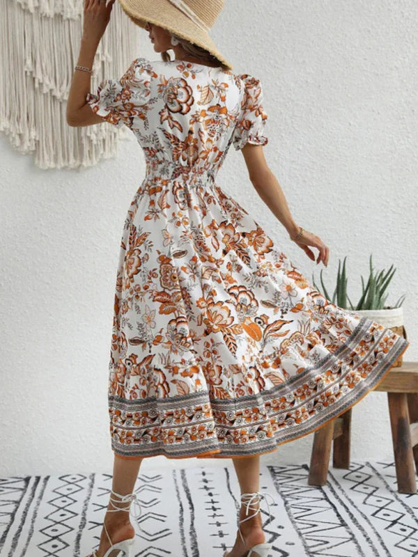 A-line,a-line dress,casual,casual dress,cotton,cotton dress,floral,floral dress,flowy,flowy dress,ladies Wrinkle resistant,maxi,maxi dress,puff sleeve,puff sleeves dress,Quick drying maxi dress,relaxed dress,slip-on,slip-on dress,straight,summer,summer dress,V-neck,v-neck dress-LeStyleParfait