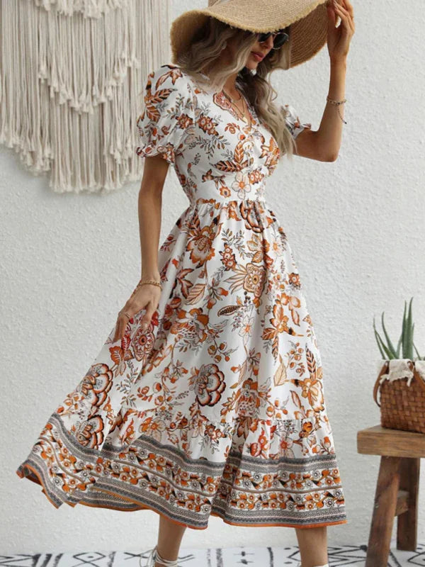 A-line,a-line dress,casual,casual dress,cotton,cotton dress,floral,floral dress,flowy,flowy dress,ladies Wrinkle resistant,maxi,maxi dress,puff sleeve,puff sleeves dress,Quick drying maxi dress,relaxed dress,slip-on,slip-on dress,straight,summer,summer dress,V-neck,v-neck dress-LeStyleParfait