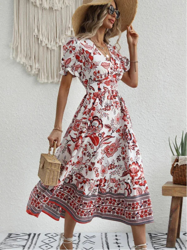A-line,a-line dress,casual,casual dress,cotton,cotton dress,floral,floral dress,flowy,flowy dress,ladies Wrinkle resistant,maxi,maxi dress,puff sleeve,puff sleeves dress,Quick drying maxi dress,relaxed dress,slip-on,slip-on dress,straight,summer,summer dress,V-neck,v-neck dress-LeStyleParfait