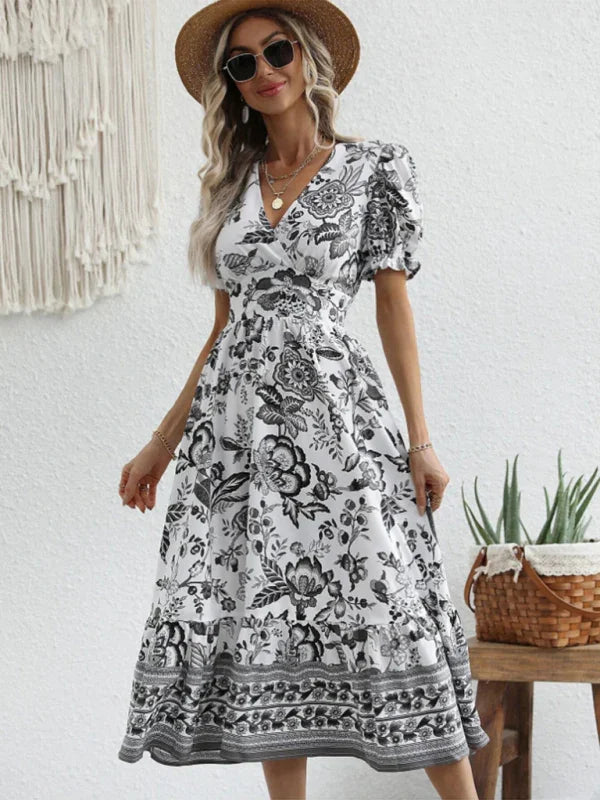 A-line,a-line dress,casual,casual dress,cotton,cotton dress,floral,floral dress,flowy,flowy dress,ladies Wrinkle resistant,maxi,maxi dress,puff sleeve,puff sleeves dress,Quick drying maxi dress,relaxed dress,slip-on,slip-on dress,straight,summer,summer dress,V-neck,v-neck dress-LeStyleParfait
