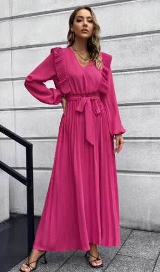 A-line,A-line dress,flowy,flowy dress,ladies Wrinkle resistant,long sleeve,long sleeves dress,maxi,maxi dress,party,party dress,pleated,pleated dress,pleated maxi dress,pleats,polyester,polyester dress,Quick drying maxi dress,solid,solid dress,spring,spring dress,straight,straight hem dress,V-neck,V-neckline dress,wrap tie,wrap tie dress-LeStyleParfait