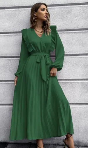 A-line,A-line dress,flowy,flowy dress,ladies Wrinkle resistant,long sleeve,long sleeves dress,maxi,maxi dress,party,party dress,pleated,pleated dress,pleated maxi dress,pleats,polyester,polyester dress,Quick drying maxi dress,solid,solid dress,spring,spring dress,straight,straight hem dress,V-neck,V-neckline dress,wrap tie,wrap tie dress-LeStyleParfait
