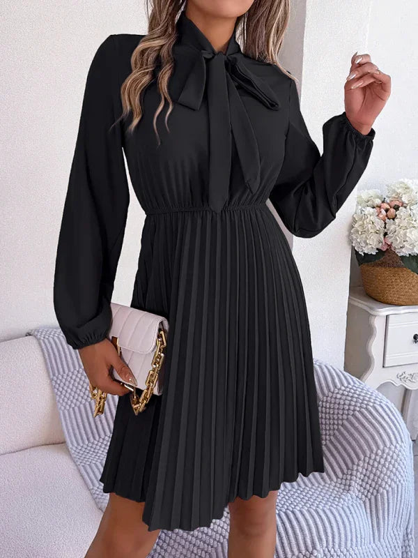 A-line,a-line dress,chiffon,chiffon dress,fall,fall dress,high-neck,high-neck dress,ladies Wrinkle resistant,long sleeve,long sleeves dress,midi,midi dress,midi hem dress,office,office dress,pleated,pleated skirt dress,pleats,Quick drying midi dress,regular,regular fit dress,slip-on,slip-on dress,solid,solid dress,straight-LeStyleParfait
