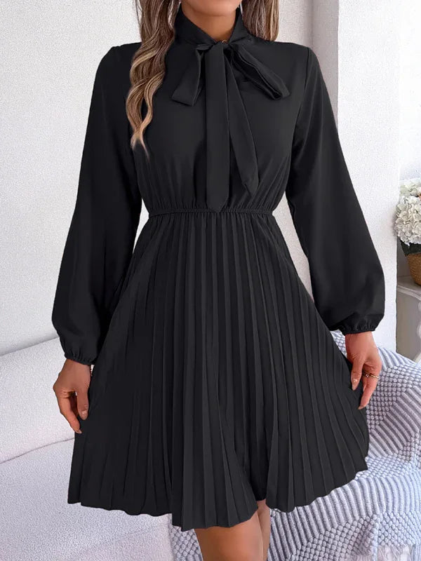 A-line,a-line dress,chiffon,chiffon dress,fall,fall dress,high-neck,high-neck dress,ladies Wrinkle resistant,long sleeve,long sleeves dress,midi,midi dress,midi hem dress,office,office dress,pleated,pleated skirt dress,pleats,Quick drying midi dress,regular,regular fit dress,slip-on,slip-on dress,solid,solid dress,straight-LeStyleParfait