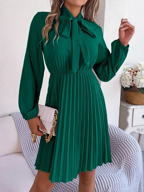 A-line,a-line dress,chiffon,chiffon dress,fall,fall dress,high-neck,high-neck dress,ladies Wrinkle resistant,long sleeve,long sleeves dress,midi,midi dress,midi hem dress,office,office dress,pleated,pleated skirt dress,pleats,Quick drying midi dress,regular,regular fit dress,slip-on,slip-on dress,solid,solid dress,straight-LeStyleParfait