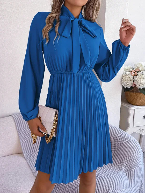 A-line,a-line dress,chiffon,chiffon dress,fall,fall dress,high-neck,high-neck dress,ladies Wrinkle resistant,long sleeve,long sleeves dress,midi,midi dress,midi hem dress,office,office dress,pleated,pleated skirt dress,pleats,Quick drying midi dress,regular,regular fit dress,slip-on,slip-on dress,solid,solid dress,straight-LeStyleParfait