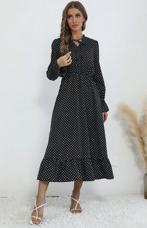 A-line,A-line dress,back zip,back zip dress,casual,casual dress,chiffon,chiffon dress,high-neck,high-neck dress,ladies Wrinkle resistant,long sleeve,long sleeve dress,midi,midi dress,midi hemline dress,polka dot,polka dot dress,Quick drying midi dress,regular,regular fit dress,ruffled,ruffled dress,ruffles,spring,spring dress-LeStyleParfait