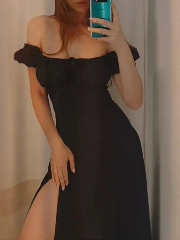 Elegant Black Off-Shoulder Midi Dress - Black Midi Dress - LeStyleParfait