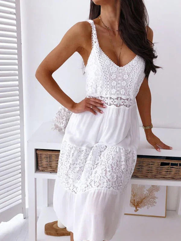 A-line,A-line dress,beach,beach dress,flowy,flowy dress,lace,lace dress,Lace Midi Dress,lace overlay,lace trim,ladies Wrinkle resistant,midi,midi dress,Quick drying midi dress,sleeveless,sleeveless dress,slip-on,slip-on dress,solid dress,straight,summer,summer dress,V-neck,V-neck dress-LeStyleParfait