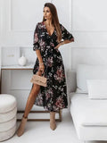 Women Elegant Floral Chiffon Wrap Midi Dress - Floral Midi Dress - LeStyleParfait