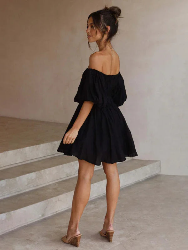 Women Mini Dress Solid Off-Shoulder Short Sleeves Fit Flare Chiffon Spring Event | LeStyleParfait