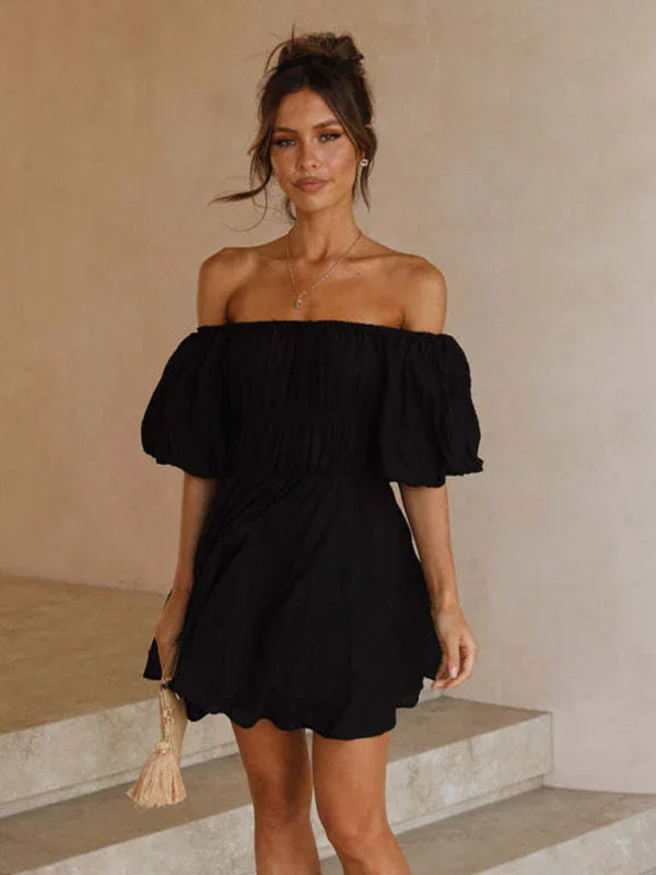 Women Mini Dress Solid Off-Shoulder Short Sleeves Fit Flare Chiffon Spring Event | LeStyleParfait