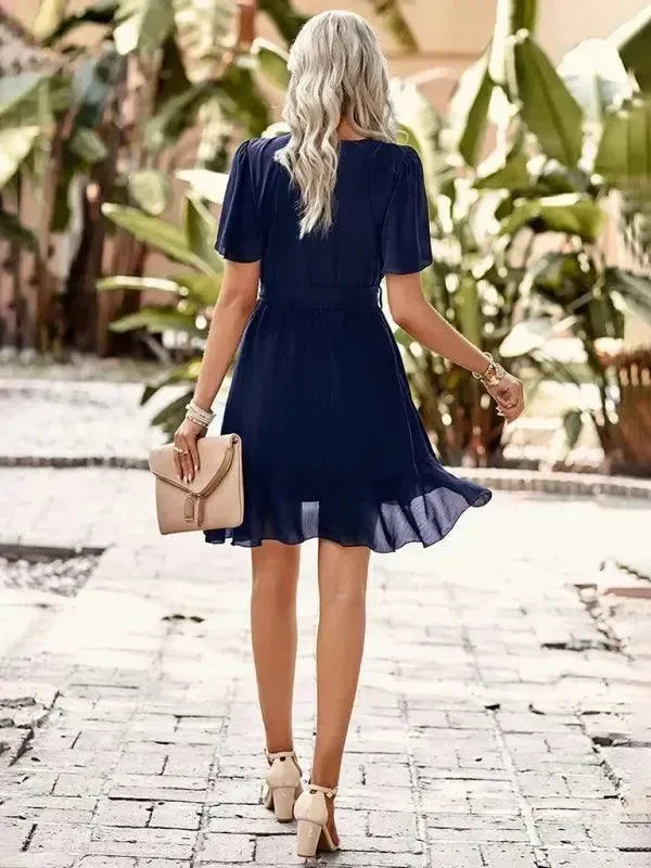 LeStyleParfait Women Dress Mini Dress Midi-Dress Short Sleeves Plain-Solid Round Neck-Mini Dress